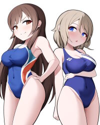 Rule 34 | armpits, blue eyes, bluerabbit gap, blush, breasts, brown hair, cleavage, competition swimsuit, highres, idolmaster, long hair, love live!, love live! sunshine!!, multiple girls, nitta minami, one-piece swimsuit, short hair, simple background, swimsuit, thighs, variant set, watanabe you