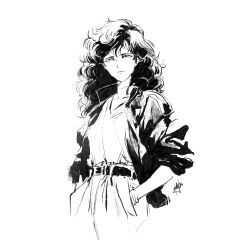 Rule 34 | 1girl, alien (series), aliens (1986), alzandahh, curly hair, ellen ripley, expressionless, hands in pockets, highres, jacket, long hair, messy hair, monochrome, open clothes, open jacket, pants, shirt, sketch, sleeves rolled up, solo, white background