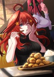 Rule 34 | absurdres, ahoge, black ribbon, black skirt, black sweater, blue eyes, blunt bangs, booth seating, bowl, breasts, butterfly hair ornament, chopsticks, collared shirt, commentary request, eating, food, go-toubun no hanayome, hair ornament, hair ribbon, high-waist skirt, highres, holding, holding chopsticks, indoors, izawa (bhive003), large breasts, long hair, long skirt, nakano itsuki, nakano nino, one eye closed, open mouth, pink hair, plate, pleated skirt, ribbed sweater, ribbon, shirt, short hair, shouting, siblings, sisters, skirt, sleeveless, sleeveless turtleneck, star (symbol), star hair ornament, sweater, turtleneck, twins, two side up, waitress, white shirt