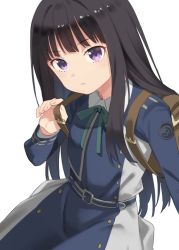 Rule 34 | 1girl, aki poi, backpack, bag, black hair, blue dress, bow, closed mouth, commentary request, dress, green bow, grey dress, hand up, inoue takina, long hair, long sleeves, looking at viewer, lycoris recoil, purple eyes, resolution mismatch, simple background, solo, source larger, very long hair, white background