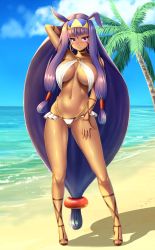 Rule 34 | 1girl, absurdly long hair, arm up, armpits, beach, blush, breasts, cameltoe, dark-skinned female, dark skin, day, fate/grand order, fate (series), gluteal fold, highres, long hair, looking at viewer, low-tied long hair, medium breasts, nitocris (fate), palm tree, purple eyes, purple hair, raised eyebrows, shadow, swimsuit, thighs, tree, very long hair, zukky