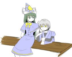 Rule 34 | 1boy, 1girl, ahoge, arm support, bow, capelet, expressionless, glasses, green eyes, green hair, hand on another&#039;s head, hand on own cheek, hand on own face, hat, headpat, hetero, kita (higan), light smile, long sleeves, mima (touhou), morichika rinnosuke, silver hair, simple background, sitting, table, touhou, touhou (pc-98), wide sleeves, wizard hat, yellow bow, yellow eyes