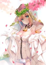 Rule 34 | 1girl, absurdres, belt, blonde hair, breasts, chain, cleavage, closed mouth, elbow gloves, fate/extra, fate/extra ccc, fate (series), gloves, green eyes, head wreath, highres, large breasts, leotard, lock, looking at viewer, miwabe sakura, nero claudius (bride) (fate), nero claudius (bride) (third ascension) (fate), nero claudius (fate), nero claudius (fate) (all), padlock, padlocked collar, petals, scan, simple background, smile, solo, veil, white background, zipper, zipper pull tab