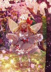 Rule 34 | ametama (runarunaruta5656), blonde hair, bobby socks, bow, capelet, dress, fairy, fairy wings, frilled dress, frilled sleeves, frills, full body, happy, hat, hat bow, highres, lily white, long hair, long sleeves, mary janes, open mouth, outdoors, petals, red bow, shoes, socks, solo, standing, touhou, white dress, white hat, wide sleeves, wings