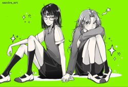 Rule 34 | 2girls, aandra art, artist name, bike shorts, bike shorts under skirt, blunt bangs, blunt ends, breasts, collared shirt, commentary, commentary request, english commentary, glasses, green background, greyscale with colored background, holding hands, kininatteru hito ga otoko ja nakatta, knees up, koga mitsuki, long hair, looking at another, mixed-language commentary, mole, mole under eye, multiple girls, oosawa aya, pleated skirt, shirt, shoes, short sleeves, sitting, skirt, small breasts, smile, socks, spanish commentary, sparkle, sweater, sweater vest, uwabaki
