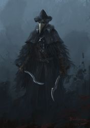 Rule 34 | 1girl, artist name, black hat, bloodborne, brown gloves, cloak, copyright name, eileen the crow, feather trim, gloves, gradient background, grey background, hat, highres, holding, holding weapon, long coat, long sleeves, mask, plague doctor mask, solo, tripdancer, weapon