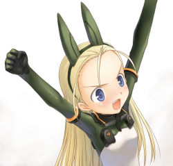 Rule 34 | 00s, 1girl, animal ears, arms up, artist request, blonde hair, blue eyes, elise von dietrich, fake animal ears, outstretched arms, simple background, sky girls, solo, white background