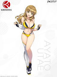 Rule 34 | absurdres, ayato utae, breasts, brown hair, cleavage, dolphin wave, gloves, highres, mole, mole under eye, navel, official art, simple background, swimsuit, thighs, yellow eyes