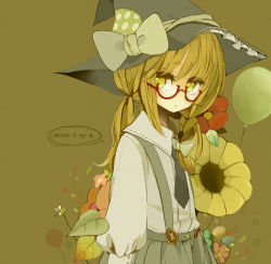 Rule 34 | 1girl, alternate costume, alternate hairstyle, bad id, bad pixiv id, balloon, bespectacled, blonde hair, braid, contemporary, english text, female focus, flower, glasses, hat, kirisame marisa, long hair, necktie, purintowswsp, ribbon, solo, suspenders, tears, touhou, twintails, upper body, witch, witch hat, yellow eyes