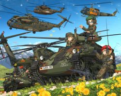 Rule 34 | 3girls, 3others, assault rifle, beret, black footwear, black gloves, blonde hair, blue eyes, blue sky, boots, brown hair, bundeswehr, camouflage, camouflage headwear, camouflage jacket, camouflage pants, caterpillar tracks, ch-53, check vehicle, check weapon, cigarette, closed eyes, commentary request, cross, day, field, flower, flower field, german flag, glasses, gloves, grass, green headwear, gun, h&amp;k g36, hat, headset, helicopter, highres, hill, holding, holding cigarette, iron cross, jacket, long sleeves, mikeran (mikelan), military, military uniform, military vehicle, mountain, multiple girls, multiple others, on one knee, original, outdoors, pants, pointing, red cross, red headwear, rifle, short hair, sky, smile, tow atgm, uh-1 iroquois, uniform, walkie-talkie, weapon, wide shot, wiesel 1