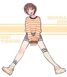 Rule 34 | 10s, 1girl, :d, asymmetrical footwear, blush, brown hair, character name, full body, honda mio, idolmaster, idolmaster cinderella girls, long sleeves, looking at viewer, loose clothes, loose shirt, mapi (mup1228), messy hair, mismatched footwear, open mouth, shirt, shoes, short hair, short shorts, shorts, simple background, single thighhigh, smile, sneakers, solo, striped clothes, striped shirt, text focus, thighhighs, twitter username, white background, yellow eyes