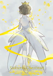 Rule 34 | 1990s (style), 1girl, bare shoulders, brown hair, cardcaptor sakura, character name, crown, detached sleeves, dress, eve kurigoyu, from behind, full body, highres, kinomoto sakura, magical girl, petals, retro artstyle, ribbon, shoes, short hair, solo, thighhighs, two side up, white dress, white thighhighs, yellow footwear, yellow ribbon