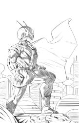 Rule 34 | 1boy, absurdres, boots, building, cape, city, clenched hands, dc comics, derivative work, dragon ball, dragonball z, funsexydb, gloves, great saiyaman, greyscale, hatching (texture), helmet, hero pose, highres, male focus, monochrome, muscular, muscular male, parody, solo, son gohan
