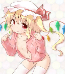 Rule 34 | 1girl, blonde hair, flandre scarlet, flat chest, hat, hood, hooded jacket, hoodie, jacket, long hair, looking at viewer, naked hoodie, natsu no koucha, navel, open clothes, red eyes, side ponytail, solo, thighhighs, touhou, white thighhighs, wings