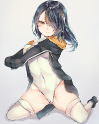 Rule 34 | 10s, 1girl, black hair, blush, breasts, brown eyes, cameltoe, emperor penguin (kemono friends), covered erect nipples, full body, hair over one eye, headphones, highres, kemono friends, kneeling, large breasts, leotard, long hair, looking at viewer, multicolored hair, navel, orange hair, outstretched arms, simple background, sketch, smile, solo, stretching, takitou, white legwear, white leotard