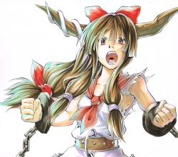 Rule 34 | 1girl, belt, blonde hair, bow, chain, clenched hands, collarbone, cuffs, fangs, frown, hair bow, highres, horns, ibuki suika, koji (koji-a), long hair, looking at viewer, neckerchief, open mouth, orange eyes, shackles, shikishi, shirt, shouting, simple background, sleeveless, sleeveless shirt, solo, teeth, tongue, touhou, tri tails, upper body, white background, white shirt