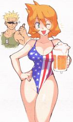 Rule 34 | 1boy, 1girl, :d, ;d, alternate costume, american flag swimsuit, bare legs, beer mug, blonde hair, breasts, cosplay, creatures (company), cup, curvy, game freak, guile (cosplay), hand on own hip, highleg, highleg swimsuit, holding, holding cup, inkerton-kun, looking at viewer, medium breasts, misty (pokemon), mug, nintendo, one-piece swimsuit, one eye closed, open mouth, orange hair, pokemon, pokemon hgss, short hair, smile, spiked hair, surge (pokemon), swimsuit, united states, wide hips