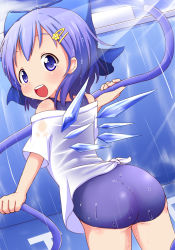 Rule 34 | 1girl, ass, blue eyes, blue hair, cirno, from behind, hair ornament, hair ribbon, hairpin, highres, hose, makuran, matching hair/eyes, one-piece swimsuit, ribbon, school swimsuit, shirt, short hair, solo, ss (ssj2822533), swimsuit, swimsuit under clothes, tied shirt, touhou, water