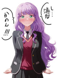 Rule 34 | 1girl, blunt bangs, blush, braid, breasts, commentary, embarrassed, green eyes, long hair, looking at viewer, love live!, love live! superstar!!, medium breasts, purple hair, shamakho, side braids, signature, simple background, solo, speech bubble, sweat, translation request, tsundere, watermark, wavy hair, white background, wien margarete
