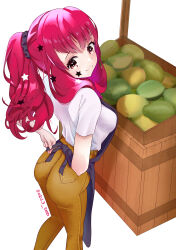 Rule 34 | 1girl, absurdres, alternate costume, alternate hairstyle, apron, ass, breasts, brown pants, double v, facial mark, fire emblem, fire emblem engage, fruit stand, hair ornament, high ponytail, highres, medium breasts, nintendo, obi3, pants, papaya, purple apron, red eyes, red hair, shirt, star (symbol), star facial mark, star hair ornament, v, white shirt, yunaka (fire emblem)