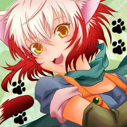 Rule 34 | 1girl, :3, animal ears, bad id, bad pixiv id, blue shirt, cat ears, cat tail, face, gloves, kemonomimi mode, multicolored hair, nyaa87kinkabyo, pascal (tales), paw print, red hair, scarf, shirt, short hair, smile, solo, tail, tales of (series), tales of graces, two-tone hair, white hair, yellow eyes