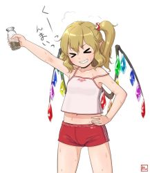 Rule 34 | &gt; &lt;, 1girl, :d, armpits, bare shoulders, bat (animal), blonde hair, bottle, camisole, commentary request, cowboy shot, drink, closed eyes, flandre scarlet, gem, grin, gym shorts, hair bobbles, hair ornament, hand on own hip, holding, kitano (kitanosnowwhite), midriff, milk bottle, navel, off shoulder, open mouth, outstretched arm, pointy ears, red shorts, short hair, shorts, side ponytail, signature, simple background, smile, solo, strap slip, touhou, translation request, wet, white background, wings, xd, yin yang