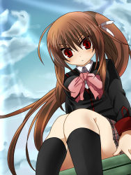 Rule 34 | 1girl, bad id, bad pixiv id, bow, brown hair, jontake, little busters!, long hair, looking down, natsume rin, pink bow, plaid, plaid skirt, ponytail, red eyes, school uniform, sitting, skirt, solo