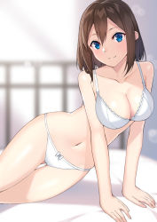 Rule 34 | 1girl, arm support, bed, blue eyes, blurry, blush, bow, bow panties, bra, breasts, brown hair, collarbone, cowboy shot, depth of field, gluteal fold, hair between eyes, head tilt, highres, indoors, large breasts, lens flare, looking at viewer, navel, on bed, original, panties, raitho, reclining, shade, shiny skin, sidelocks, smile, solo, thigh gap, underwear, underwear only, white bra, white panties, wide hips