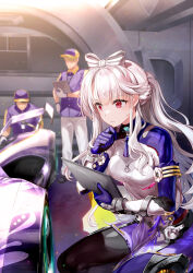 Rule 34 | 1girl, 2boys, blunt bangs, bow, braid, breasts, hair bow, highres, highspeed etoile, holding, holding tablet pc, medium breasts, multiple boys, official art, pelvic curtain, race vehicle, red eyes, sitting, tablet pc, thinking, white hair, yoran ryu