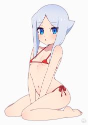 Rule 34 | 10s, 1girl, bare arms, bare legs, bare shoulders, between legs, bikini, blush, breasts, collarbone, eyes visible through hair, female focus, full body, future card buddyfight, hand between legs, looking to the side, moyori, navel, outside border, parted lips, red bikini, seiza, short hair with long locks, side-tie bikini bottom, signature, sitting, small breasts, sofia sakharov, solo, swimsuit, white background