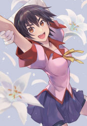 Rule 34 | 1girl, arms up, bandaged arm, bandages, bike shorts, black hair, black shorts, blue background, blue skirt, blush, bolo tie, breasts, bright pupils, brown eyes, collarbone, commentary, cowboy shot, flower, hair between eyes, highres, holding own arm, kanbaru suruga, large breasts, lily (flower), looking at viewer, medium hair, monogatari (series), necktie, open mouth, petals, pleated skirt, puffy short sleeves, puffy sleeves, round teeth, short sleeves, shorts, simple background, skirt, smile, solo, straight hair, teeth, upper teeth only, v-shaped eyebrows, white flower, white lily, yellow necktie, yuko (uc yuk)