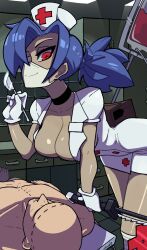 Rule 34 | 1boy, 1girl, blue hair, bonesaw, breasts, choker, cleavage, collarbone, corpse, drawer, eyepatch, gloves, hat, highres, indoors, intravenous drip, large breasts, latex, latex gloves, leaning forward, leg wrap, lying, mask, mouth mask, muds (tentacles r us), nurse cap, ponytail, red eyes, saw, scalpel, skullgirls, smile, surgical mask, valentine (skullgirls)