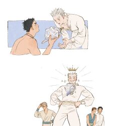 Rule 34 | 5boys, akaashi keiji, black eyes, black hair, bokuto koutarou, chengongzi123, closed eyes, closed mouth, commentary, conch, cropped torso, english commentary, floating crown, giving, grey hair, grin, haikyuu!!, hand on own head, hand up, hands on own hips, highres, holding, komi haruki, konoha akinori, long sleeves, looking at another, male focus, multiple boys, multiple views, open mouth, pants, puffy long sleeves, puffy sleeves, sarukui yamato, shirt, short hair, simple background, smile, sparkling aura, standing, thick eyebrows, very short hair, white background, white pants, white shirt, yellow eyes
