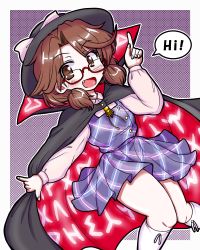Rule 34 | 1girl, blush, bow, brown eyes, brown hair, cape, clothes writing, eruru (erl), glasses, halftone, halftone background, hat, hat bow, highres, long sleeves, looking at viewer, open mouth, plaid, plaid shirt, plaid skirt, red-framed eyewear, shirt, short hair, skirt, skirt set, smile, socks, solo, touhou, twintails, usami sumireko, white socks