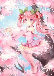 Rule 34 | 1girl, bad id, bad pixiv id, boots, cherry blossoms, detached sleeves, hatsune miku, in tree, long hair, petals, pink eyes, pink footwear, pink hair, sakura miku, sitting, sitting in tree, skirt, solo, thigh boots, thighhighs, tree, twintails, vocaloid, wataame27