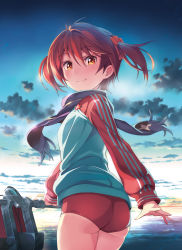Rule 34 | 1girl, absurdres, ass, blush, brown hair, buruma, cloud, cowboy shot, hair between eyes, highres, isshiki akane, jacket, looking at viewer, looking back, michairu, scarf, scrunchie, short hair, short twintails, shorts, sky, smile, solo, track jacket, twintails, vividred operation, yellow eyes