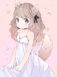 Rule 34 | 1girl, animal ears, bare shoulders, black ribbon, blue eyes, brown hair, closed mouth, cowboy shot, dot mouth, dress, flat chest, flower, hair ribbon, highres, long hair, looking at viewer, mutou mato, original, pink background, ribbon, sketch, sleeveless, sleeveless dress, solo, tail, white dress