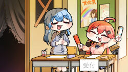 Rule 34 | 2girls, 35p (sakura miko), ahoge, blue bow, blue bowtie, blue hair, bow, bowtie, brown hair, cardigan, chair, closed eyes, commentary request, curtains, desk, grey cardigan, hair ornament, hairclip, highres, holding, holding microphone, hololive, hoshimachi suisei, juice box, komainu channel, low twintails, microphone, multiple girls, one side up, open mouth, paper, pink hair, pink sweater, poster (object), sakura miko, school chair, school desk, school uniform, sitting, smile, sweater, tokino sora, torn curtains, translation request, twintails, virtual youtuber