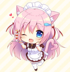 Rule 34 | 1girl, ;d, animal ears, apron, bell, black bow, black dress, black footwear, blue eyes, blush, bow, cat ears, cat girl, cat tail, chibi, commentary request, diagonal stripes, dress, fang, fish hair ornament, frilled apron, frills, full body, garter straps, hair between eyes, hair ornament, heart, heart tail, highres, holding, holding tray, jingle bell, looking at viewer, maid headdress, natsuki marina, one eye closed, open mouth, original, parfait, pink eyes, puffy short sleeves, puffy sleeves, shoes, short sleeves, smile, solo, standing, standing on one leg, striped, striped background, tail, thighhighs, tray, white apron, white thighhighs, wrist cuffs