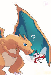 ? alternate_color blue_eyes cbpea1 charizard claws closed_mouth commentary_request creatures_(company) eye_contact fangs fangs_out game_freak gen_1_pokemon gen_7_pokemon highres looking_at_another nintendo no_humans open_mouth pokemon pokemon_(creature) red_scarf ribombee scarf shiny_pokemon simple_background smile white_background