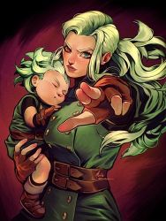 Rule 34 | 1boy, 1girl, aged down, carrying, child, dragon ball, dragon ball super, granolah (dragon ball), green hair, heterochromia, incoming attack, lips, long hair, looking at viewer, mother and son, muezli, no humans, ponytail, simple background, sleeping, sweat, tholia bentz, upper body
