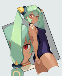 Rule 34 | 2girls, ass, bare shoulders, blush, breasts, closed mouth, cropped legs, dark-skinned female, dark skin, empty eyes, green eyes, green hair, highres, long hair, looking at viewer, medium breasts, mega man (series), mega man legends (series), multiple girls, one-piece swimsuit, parted lips, red eyes, sera (mega man), serin199, short hair, swimsuit, tattoo, twintails, yuna (mega man)