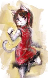 Rule 34 | 1girl, brown eyes, brown hair, cat, chinese clothes, copyright request, dress, female focus, furry, furry female, gradient background, hiepita (1014), short hair, solo