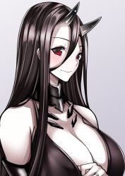 Rule 34 | 10s, 1girl, abyssal ship, battleship princess, black dress, black hair, blush, breasts, cleavage, colored skin, dress, female focus, grey background, horns, huge breasts, jewelry, kantai collection, large breasts, long hair, looking at viewer, mugenshiki, pale skin, red eyes, ring, skin-covered horns, smile, solo, upper body, wedding band, white skin