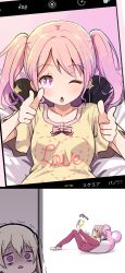 Rule 34 | 2girls, ;o, bang dream!, blonde hair, bow, cellphone, character pillow, chestnut mouth, clothes writing, collarbone, commentary request, double finger gun, finger gun, holding with feet, gloom (expression), half updo, highres, looking at viewer, lying, maruyama aya, michelle (bang dream!), multiple girls, notice lines, on back, one eye closed, pants, phone, pink bow, pink eyes, pink hair, pointing, pointing at viewer, polka dot, polka dot shirt, purple eyes, red pants, selfie, shaded face, shipii (jigglypuff), shirasagi chisato, shirt, shoes, short sleeves, single shoe, smartphone, spread legs, taking picture, trembling, turn pale, twintails, yellow shirt