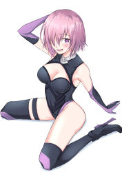 Rule 34 | 1girl, absurdres, arm support, black leotard, black thighhighs, breasts, cleavage, cleavage cutout, clothing cutout, covered navel, elbow gloves, fate/grand order, fate (series), full body, gloves, hair between eyes, hair over one eye, hand in own hair, high heels, highres, leotard, looking at viewer, mash kyrielight, medium breasts, open mouth, pink hair, purple eyes, rororo, short hair, simple background, sitting, solo, thigh strap, thighhighs, wariza, white background