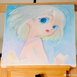 Rule 34 | 1girl, absurdres, ahoge, blue eyes, blue sky, cloud, colored eyelashes, commentary, day, from side, frown, highres, kaede (shijie heping), looking at viewer, one-hour drawing challenge, open mouth, original, outdoors, painting (medium), photo (medium), pointy nose, short hair, sky, solo, topless, traditional media, upper body, watermark, weibo logo, weibo watermark, white hair