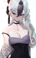 Rule 34 | 1girl, absurdres, black dress, black hair, black horns, blue archive, breasts, cleavage, closed mouth, demon horns, dress, ear piercing, earrings, grey jacket, hair between eyes, hair ornament, hairclip, highres, horns, jacket, jewelry, kayoko (blue archive), kayoko (dress) (blue archive), kazane-wind, long hair, long sleeves, medium breasts, multicolored hair, official alternate costume, open clothes, open jacket, piercing, red eyes, simple background, solo, white background, white hair