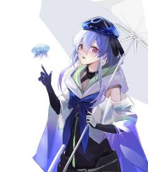 Rule 34 | 1boy, absurdres, arknights, beret, blue bow, blue hair, blue hat, bow, commentary request, cowboy shot, detached sleeves, floating, hair between eyes, hat, highres, holding, holding umbrella, infection monitor (arknights), jellyfish, long sleeves, looking at viewer, male focus, mizuki (arknights), nlarou, parted lips, pointing, pointing up, purple eyes, see-through, see-through sleeves, sidelocks, simple background, solo, transparent, transparent umbrella, umbrella, white background, wide sleeves