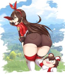Rule 34 | 1girl, amber (genshin impact), artist name, ass, baron bunny (genshin impact), bow, brown eyes, brown hair, canadiananiguy, from behind, genshin impact, gloves, hair bow, highres, huge ass, long hair, short shorts, shorts, smile, solo, stuffed toy, thick thighs, thighhighs, thighs